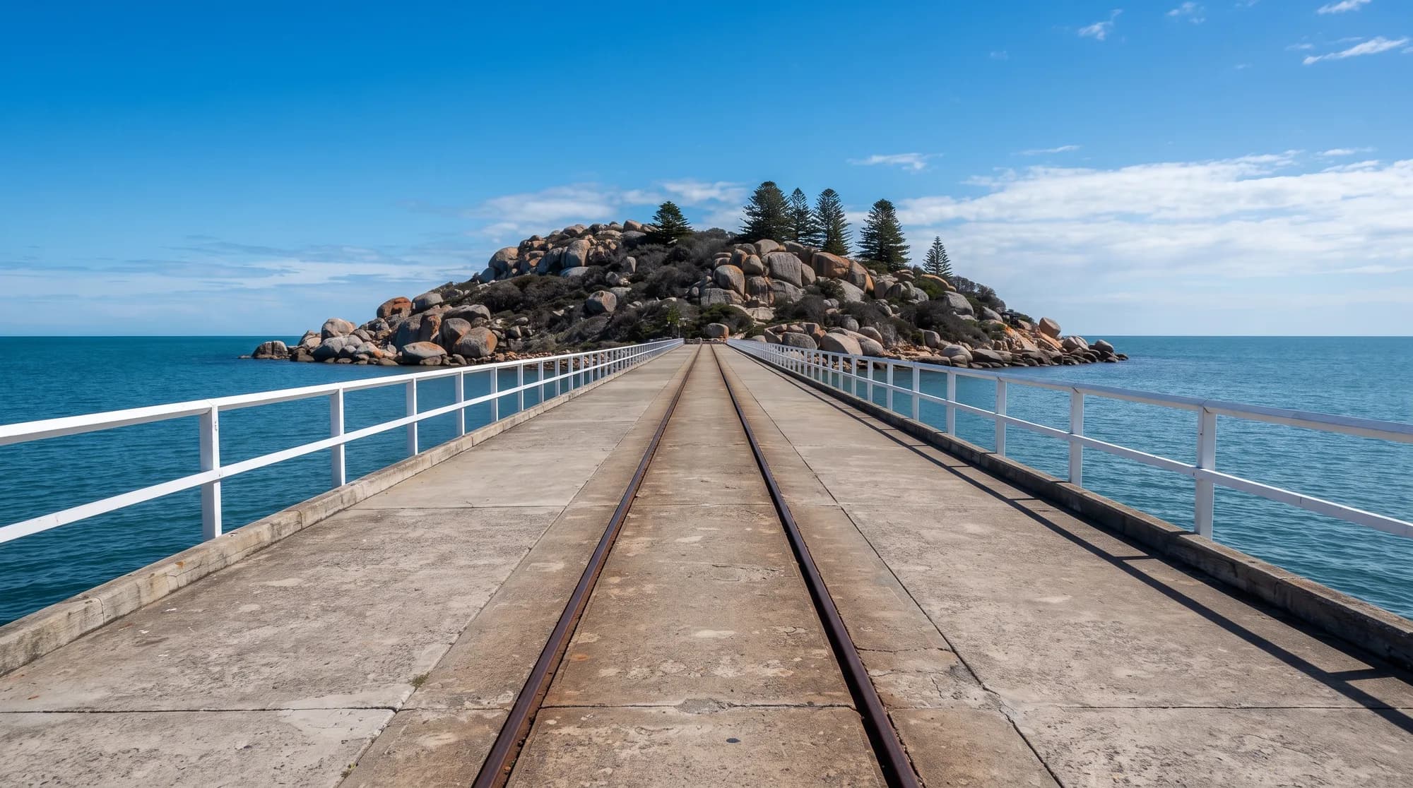 The Victor Harbor causeway and its horse-tram rails crossing Encounter Bay to Granite Island, with the island's weathered granite boulders and Norfolk Island pines beyond