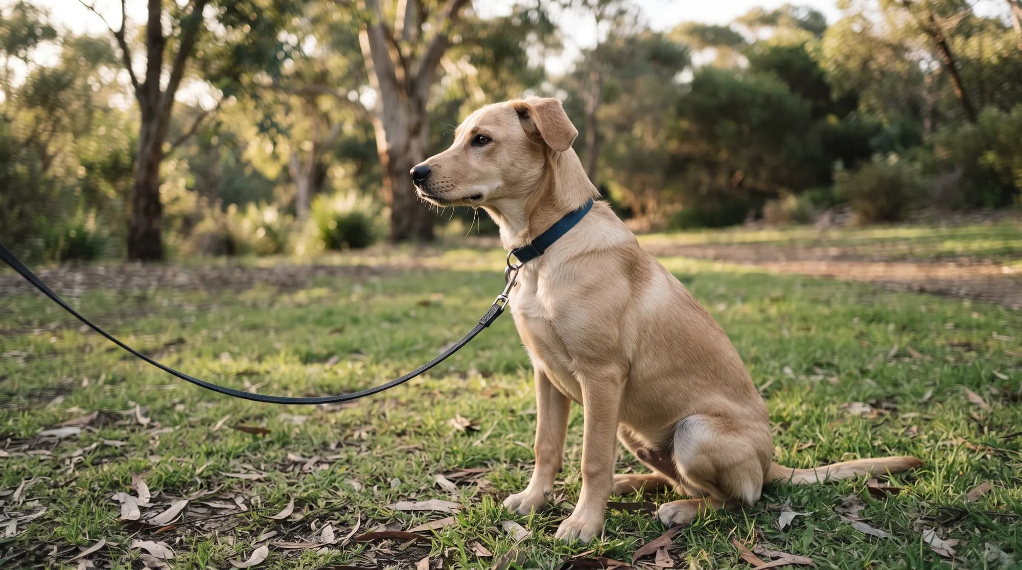 A young fawn dog sitting on a taut lead in a bushland park, looking off into the distance