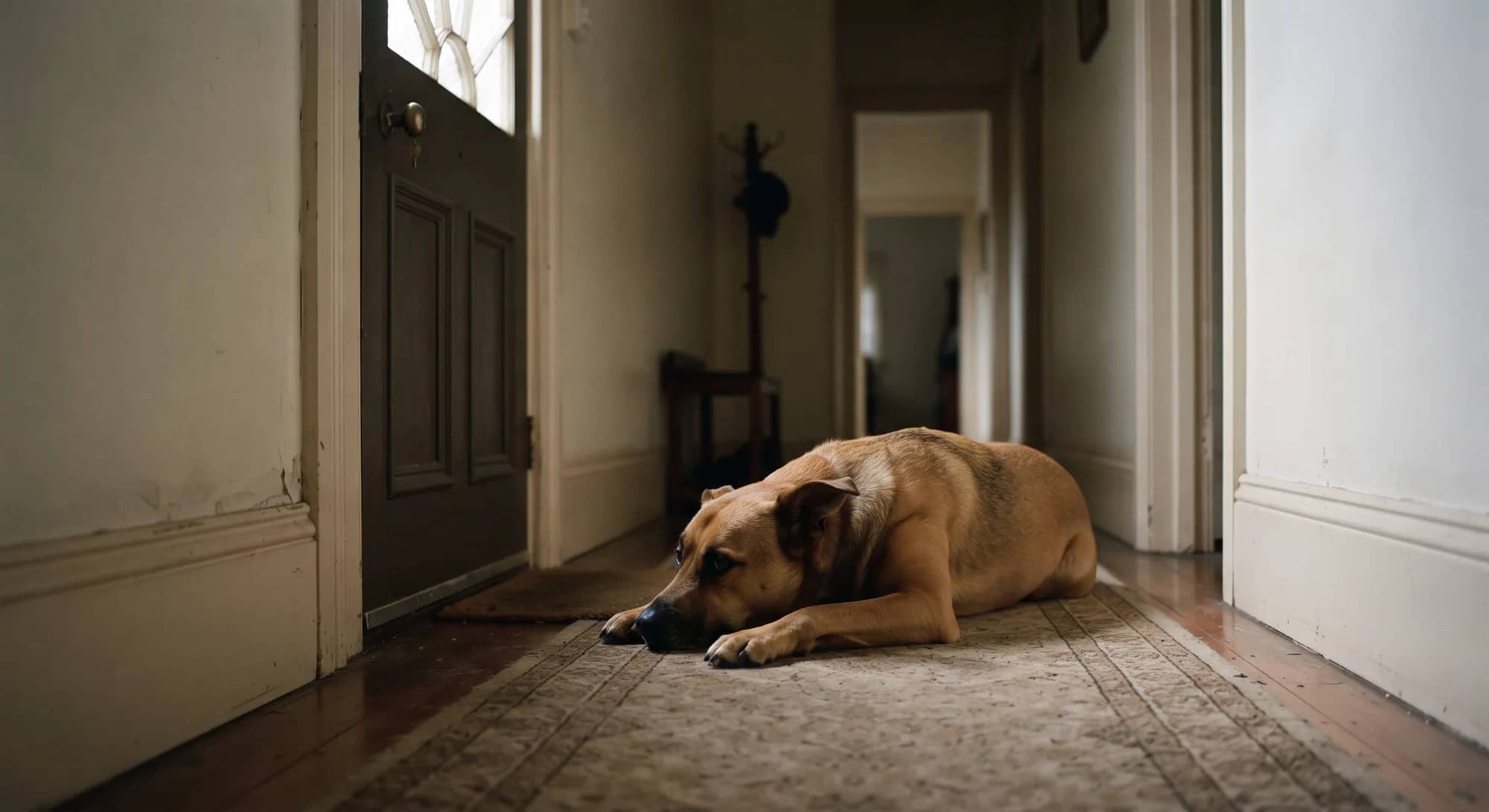 A dog lying on a hallway runner with its head on its paws beside a closed front door