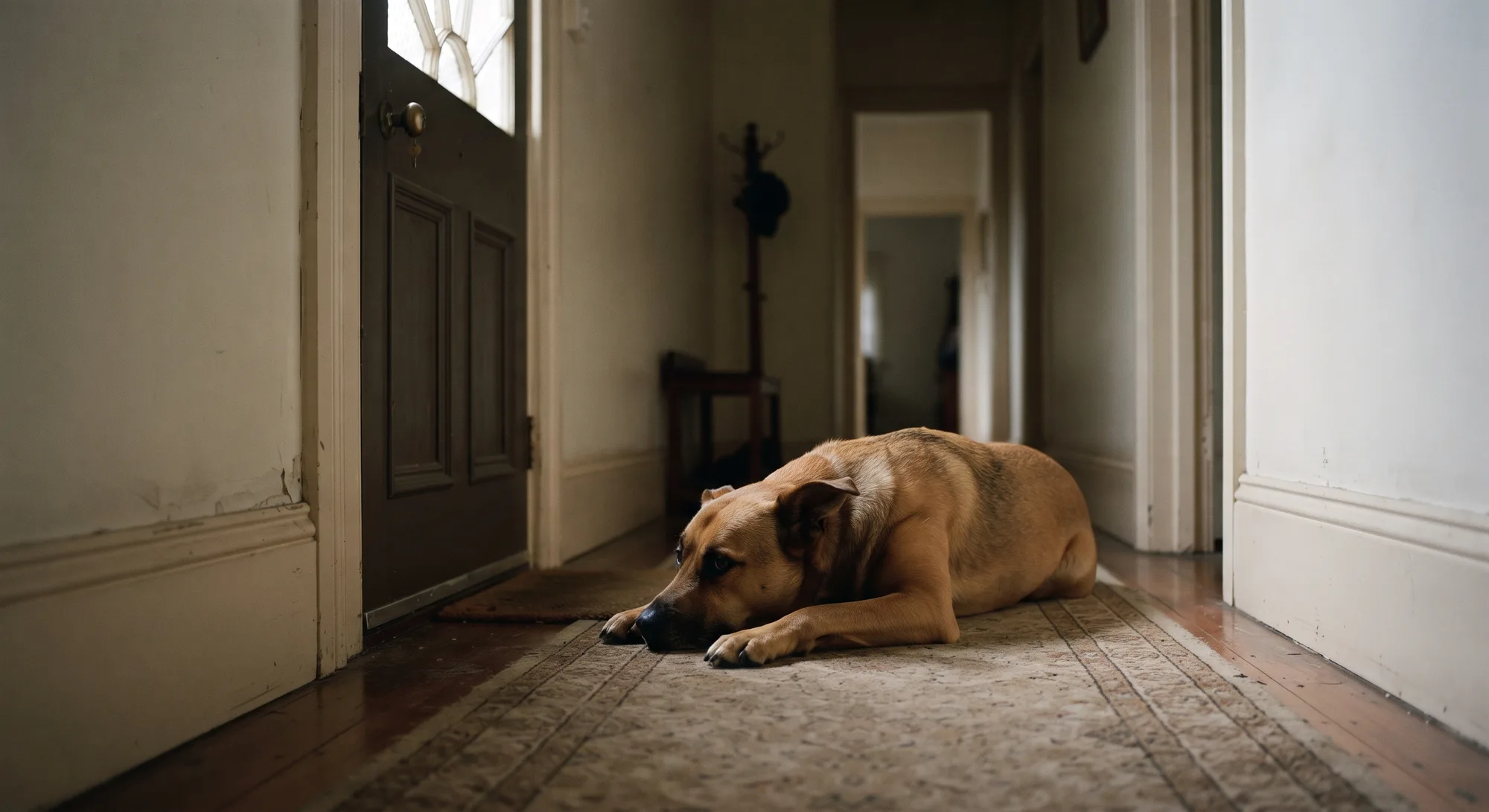 A dog lying on a hallway runner with its head on its paws beside a closed front door