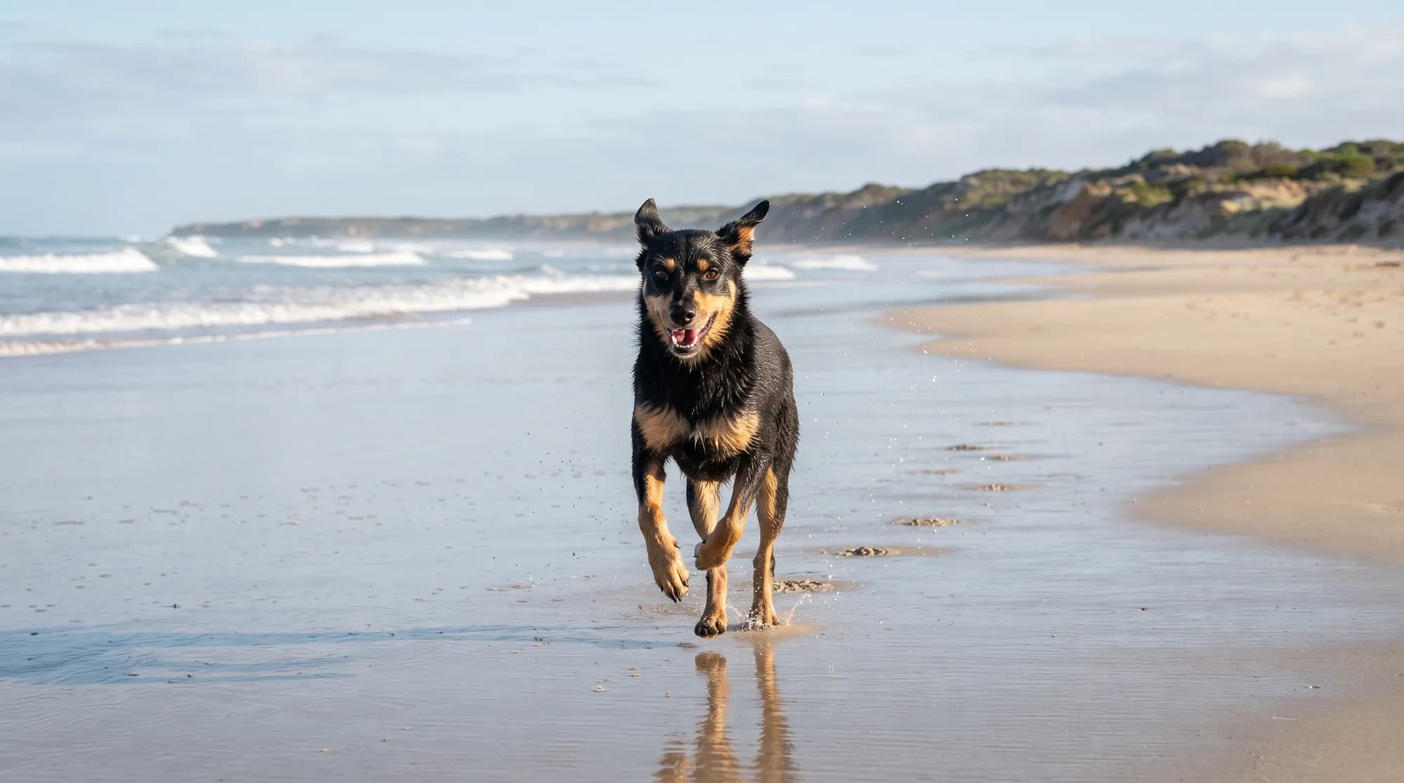 A kelpie-type dog running towards the camera along the wet shoreline of an open beach