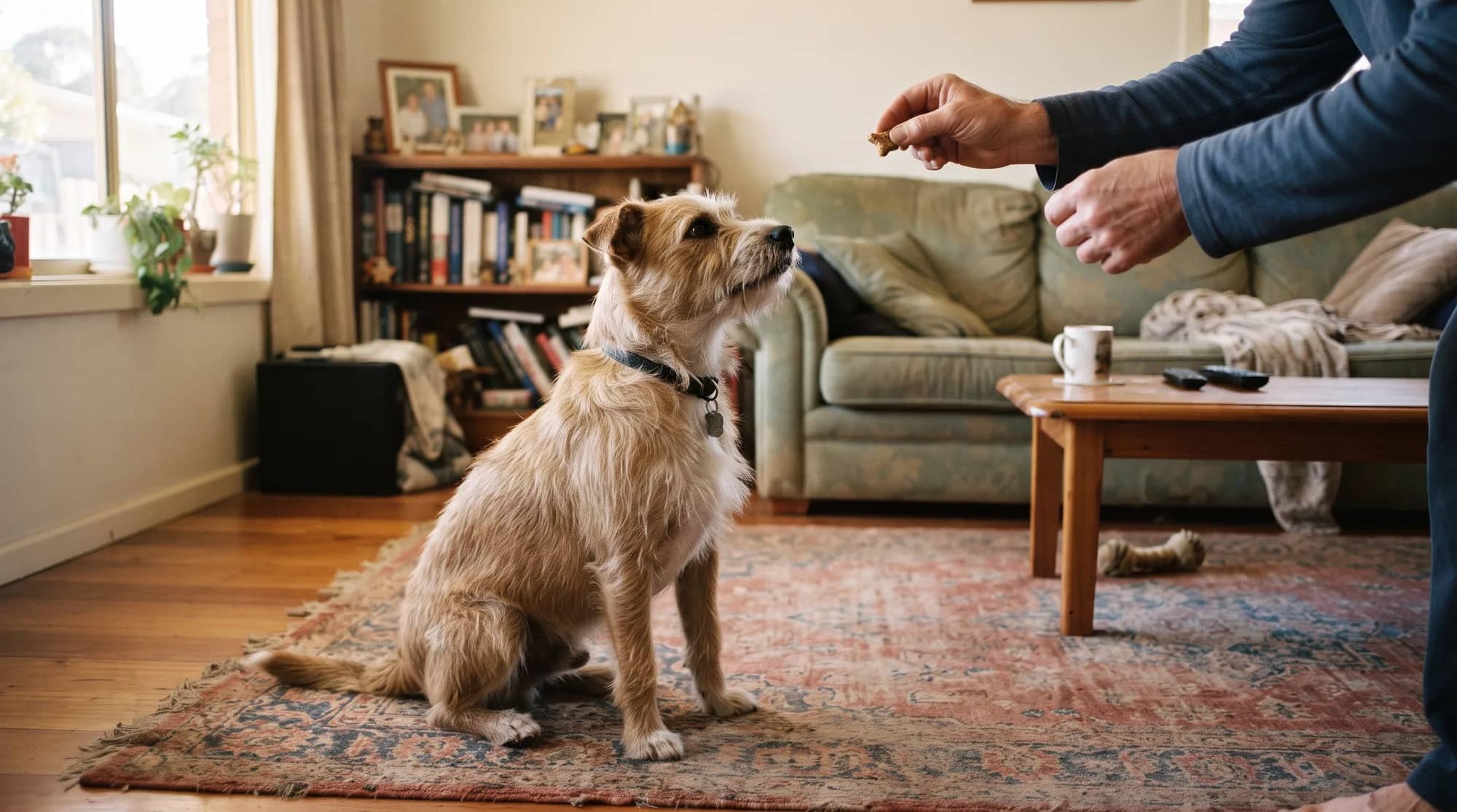 A hand offering a treat to a small terrier sitting on a rug in a lounge room