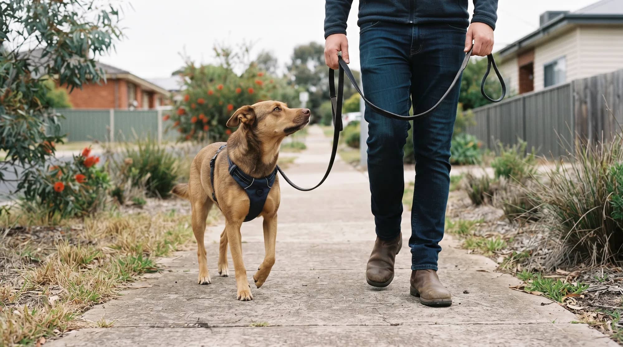 A dog walking calmly on a loose lead beside its owner on a suburban footpath