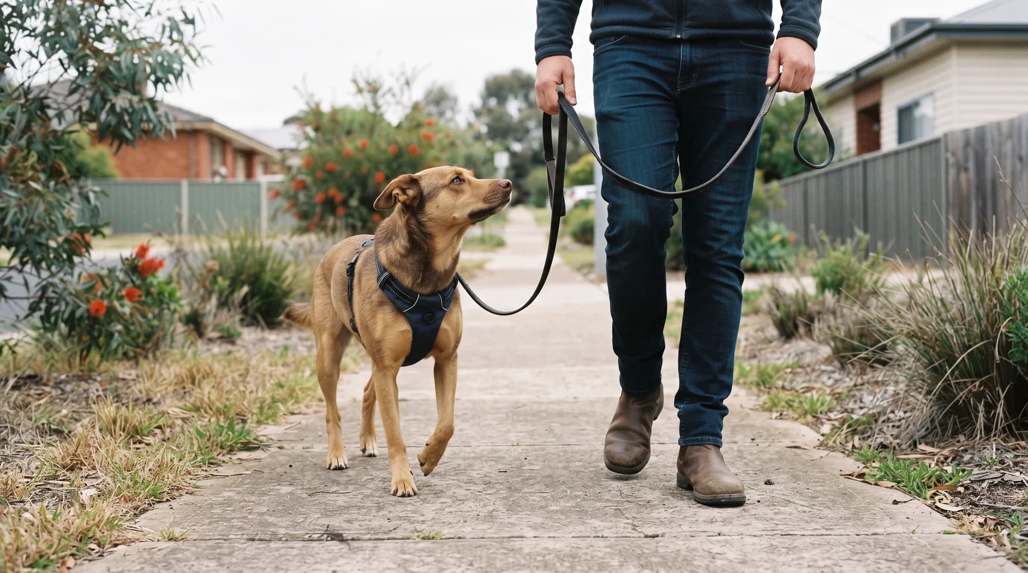 A dog walking calmly on a loose lead beside its owner on a suburban footpath