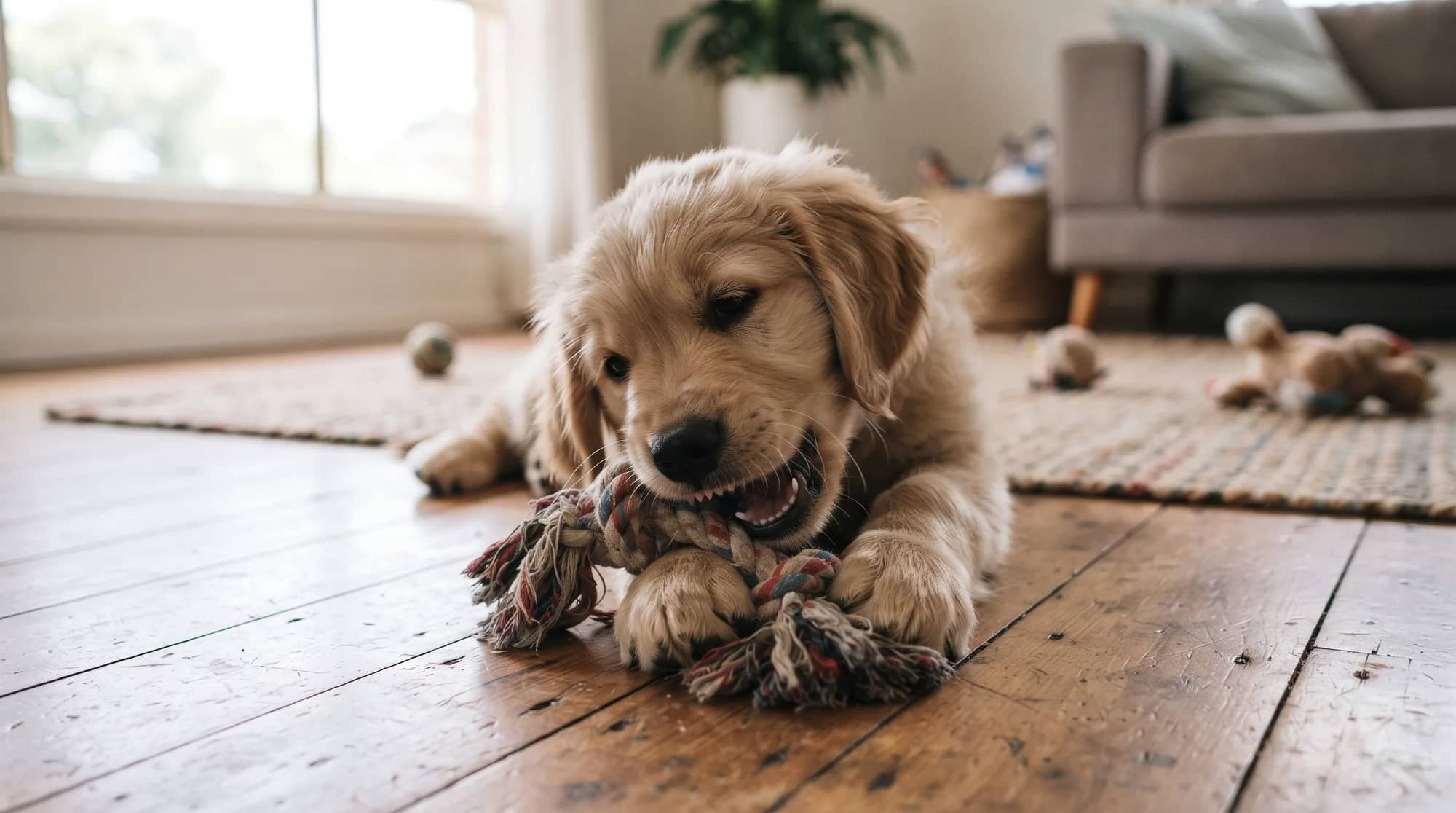 A golden retriever puppy lying on a wooden floor chewing a knotted rope toy