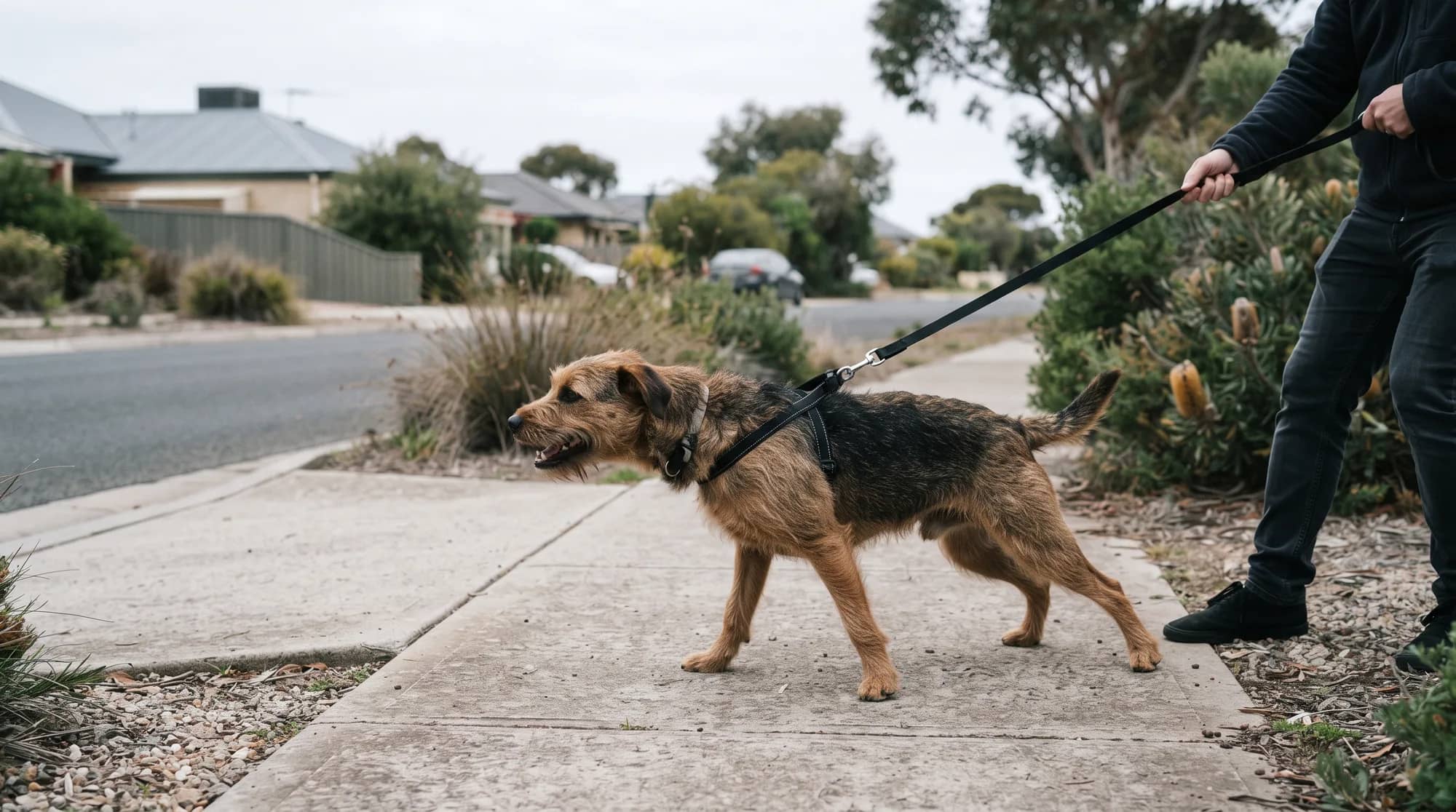 A dog straining at the end of a lead towards something out of frame