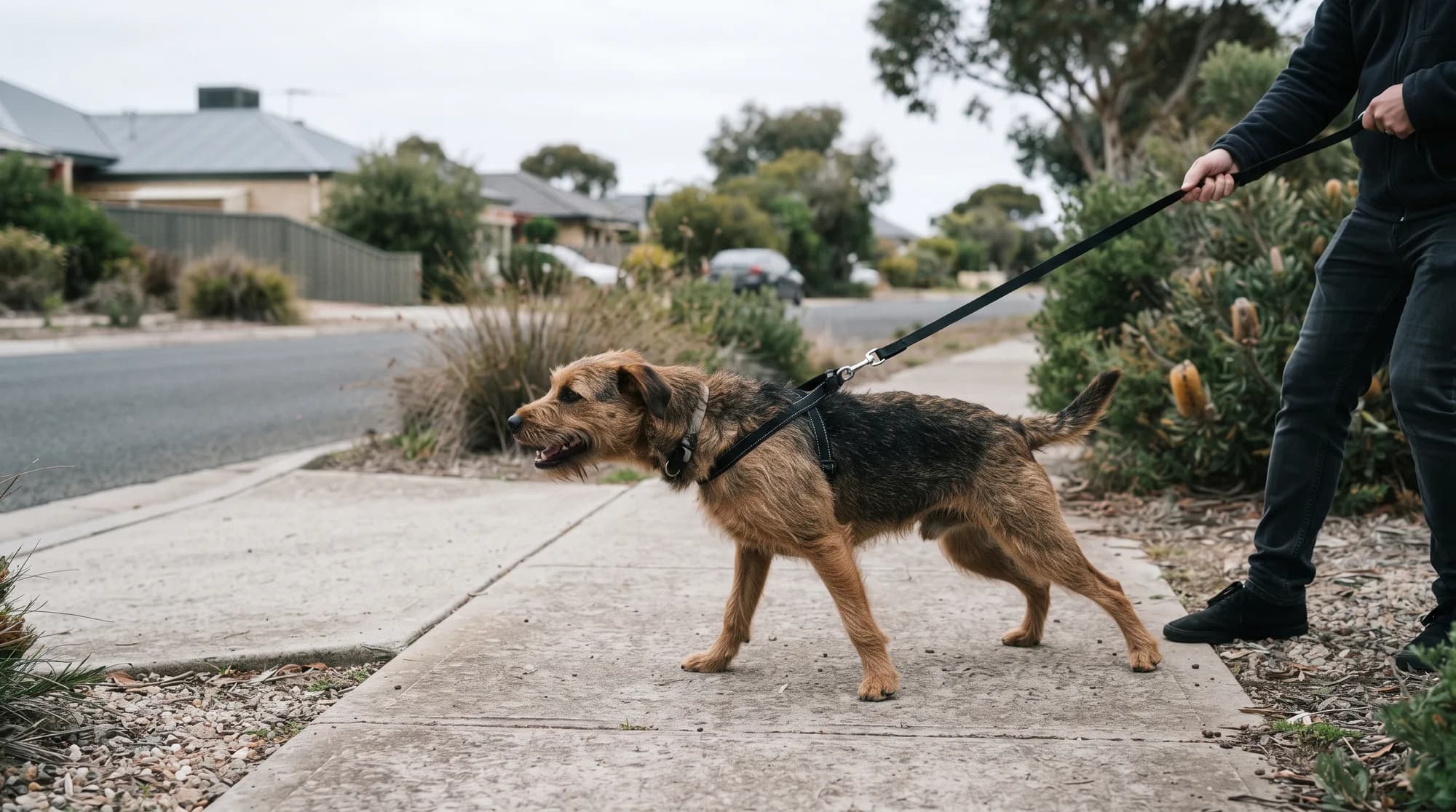 A dog straining at the end of a lead towards something out of frame