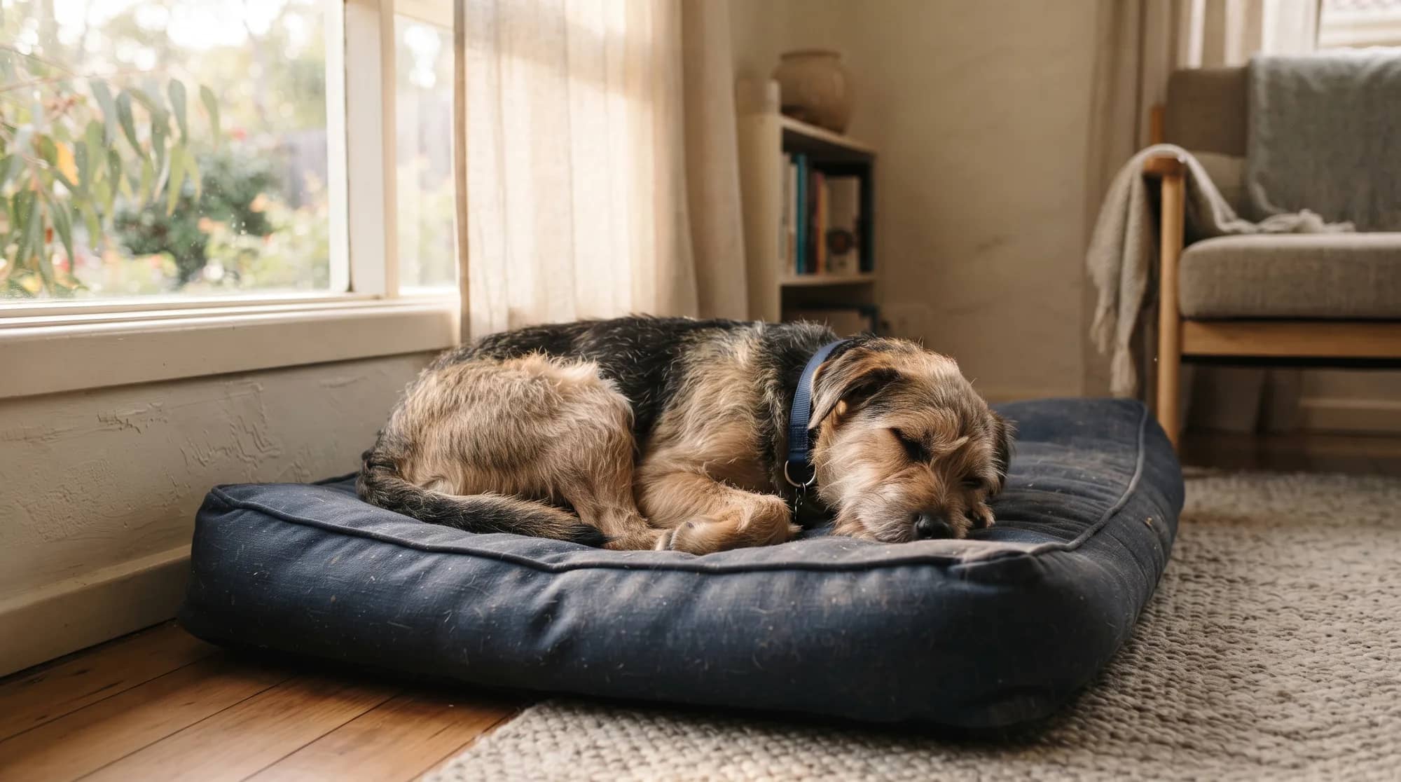 A scruffy terrier asleep curled up on a navy dog bed beside a sunlit window
