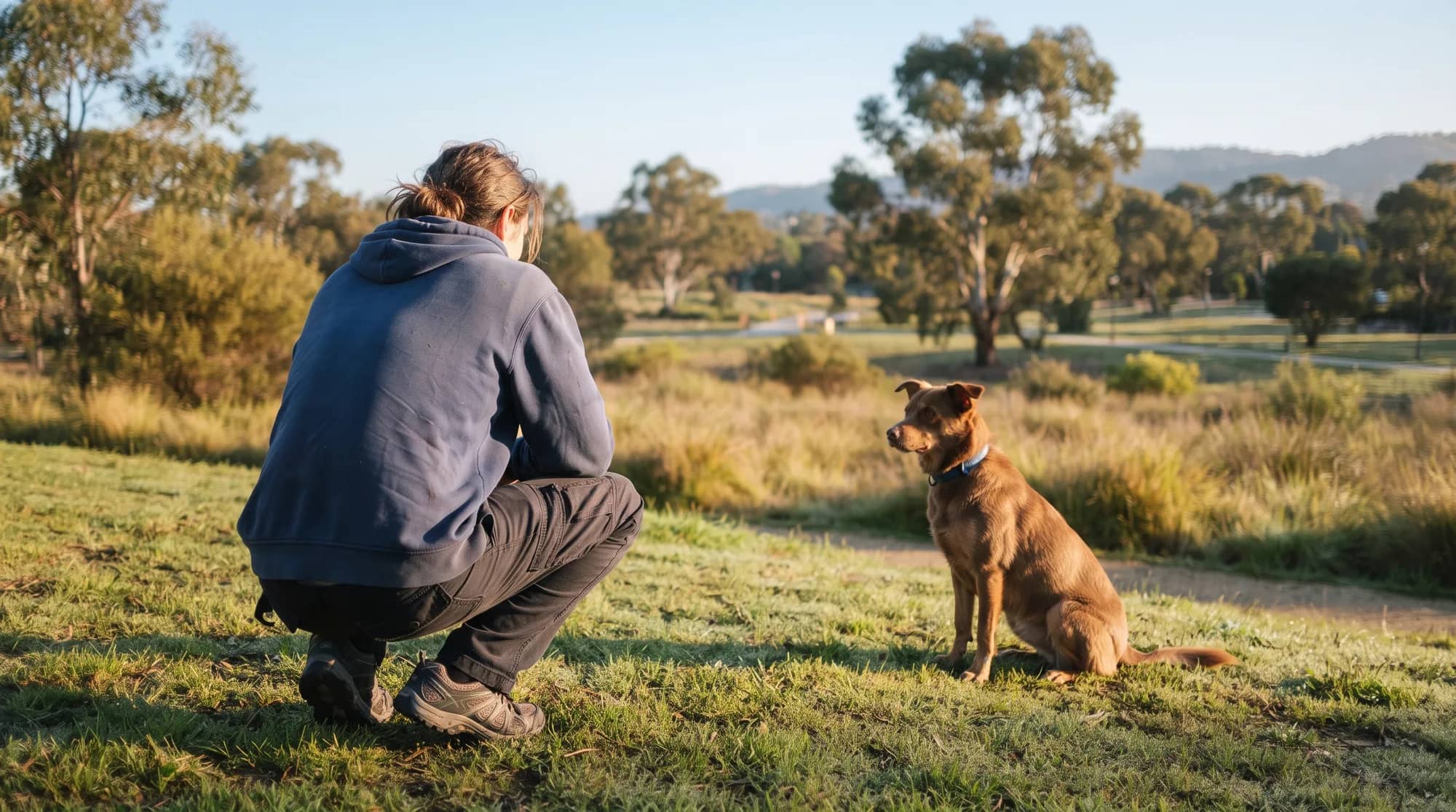A person crouching on the grass in a park at dusk, facing a red kelpie sitting a few metres away