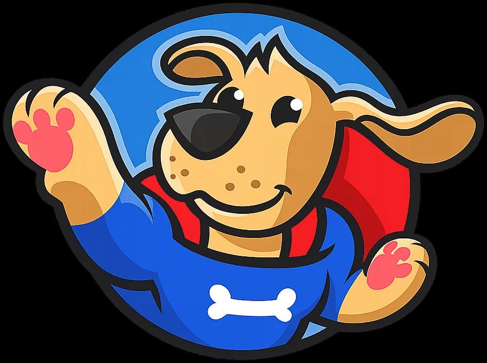 Dog Obedience Guy mascot — a superhero dog